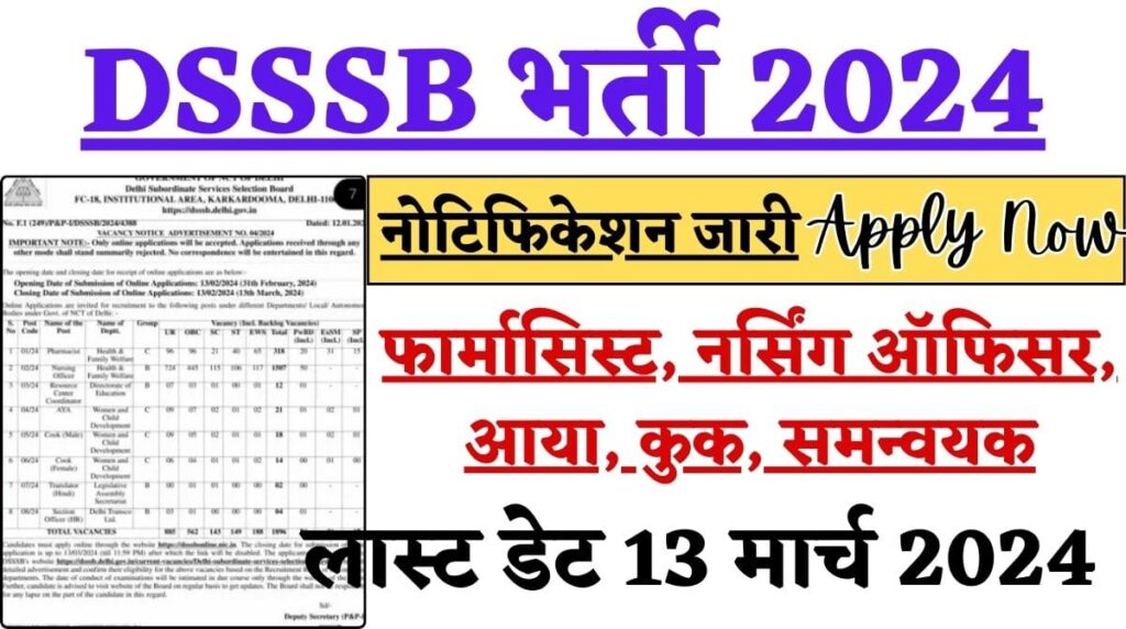 DSSSB Bharti 2024: नोटिफिकेशन जारी, 1896 पदों पर आवेदन शुरू, Apply Link Active, लास्ट डेट 13 मार्च 2024