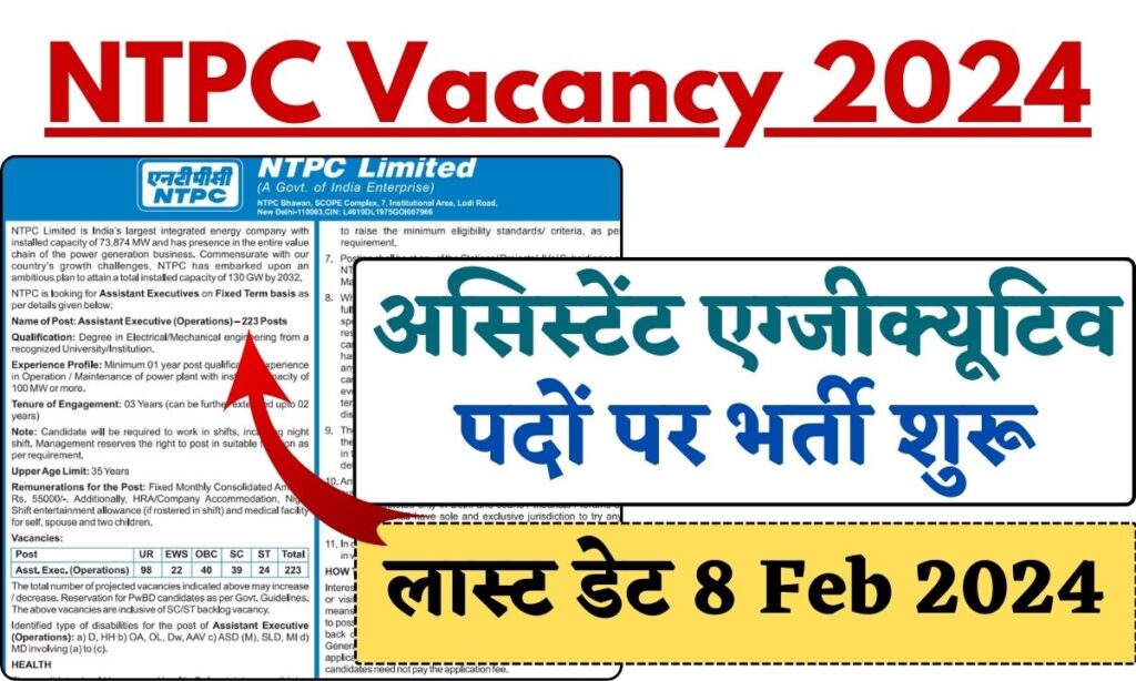 NTPC Vacancy 2024: NTPC में Assistant Executive पदों पर भर्ती शुरू, सैलरी 55000 रूपए, लास्ट डेट 8 Feb 2024